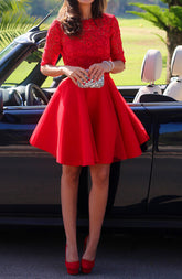 Short Formal Dress Red Formal Dress Red Prom Dress Lace Prom Dress With 1/2 Sleeves,MA095