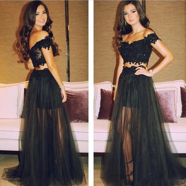 Long Off Shoulders Lace Top Two Piece Black Prom Dress Long Off Shoulders Lace Top Two Piece Black Prom Dress