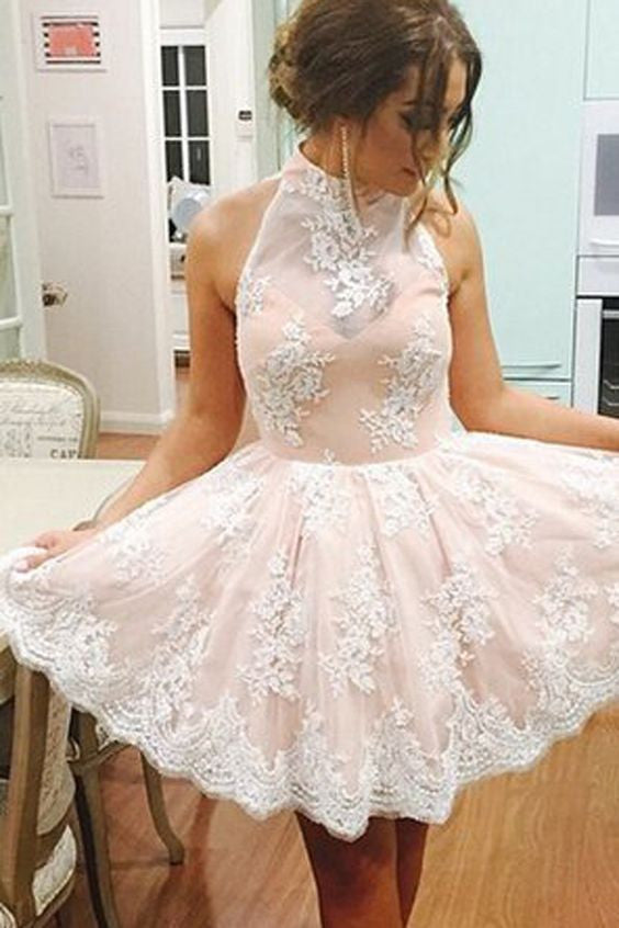 Cute Dusty Pink Short Halter Neck Lace Prom Dress for Juniors