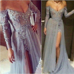 Dusty Blue Prom Dress,Prom Dress With Sleeves,Side Slit Prom Dress,Long Prom Dress,MA193-Dolly Gown