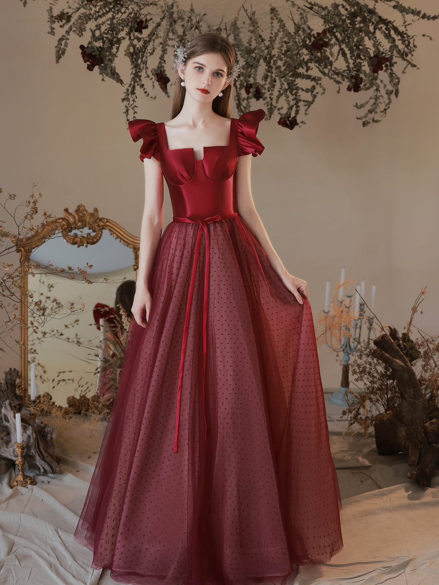 Maroon Princess Polka Dot Prom Dress - DollyGown