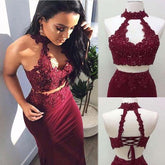 Maroon Burgundy Two Piece Sheath Prom Dress Long Halter Neck,GDC1020-Dolly Gown