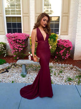 Mermaid Burgundy Sexy Deep V neck Bodycon Evening Dress Backless Prom Dress GDC1190-Dolly Gown