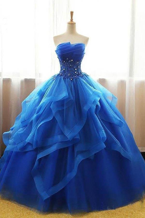 Mexican Organza Strapless Royal Blue Ball Gown Prom Dress Quinceanera Dress Mexican Organza Strapless Royal Blue Ball Gown Prom Dress Quinceanera Dress