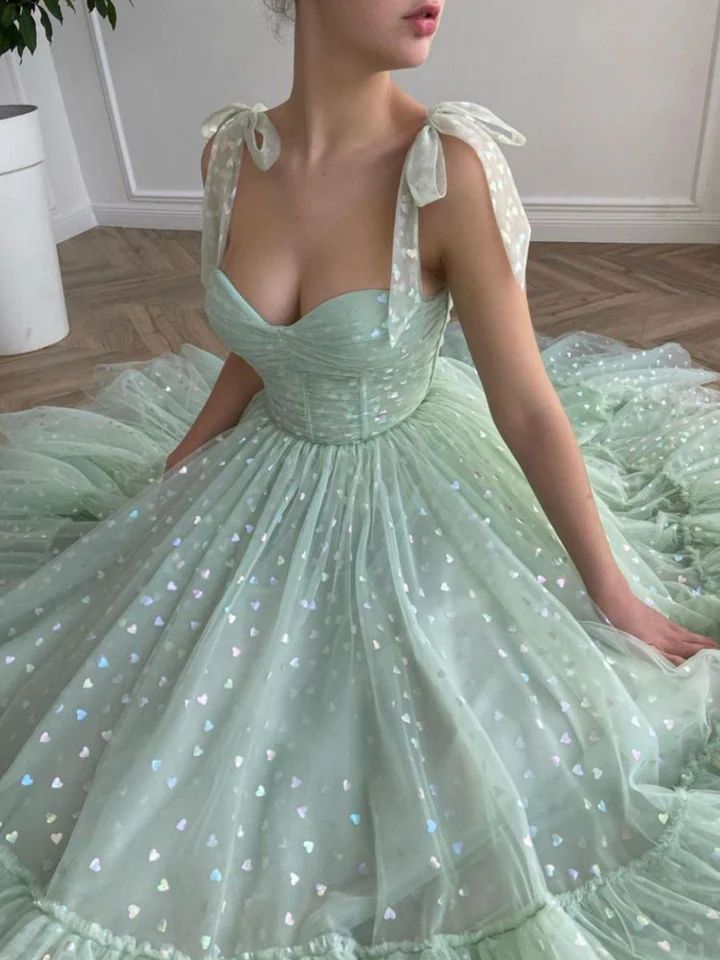 Mint Green Tulle Tea Length Prom Dress Wedding Reception Dress - DollyGown