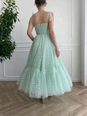 Mint Green Tulle Tea Length Prom Dress Wedding Reception Dress - DollyGown