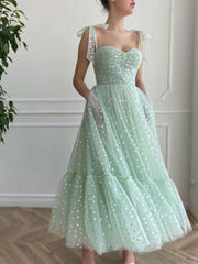 Mint Green Tulle Tea Length Prom Dress Wedding Reception Dress - DollyGown