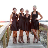 Taffeta Brown Halter Ruffles Neck Short Bridesmaid Dresses with Pockets/Cowboy Boots,GDC1505