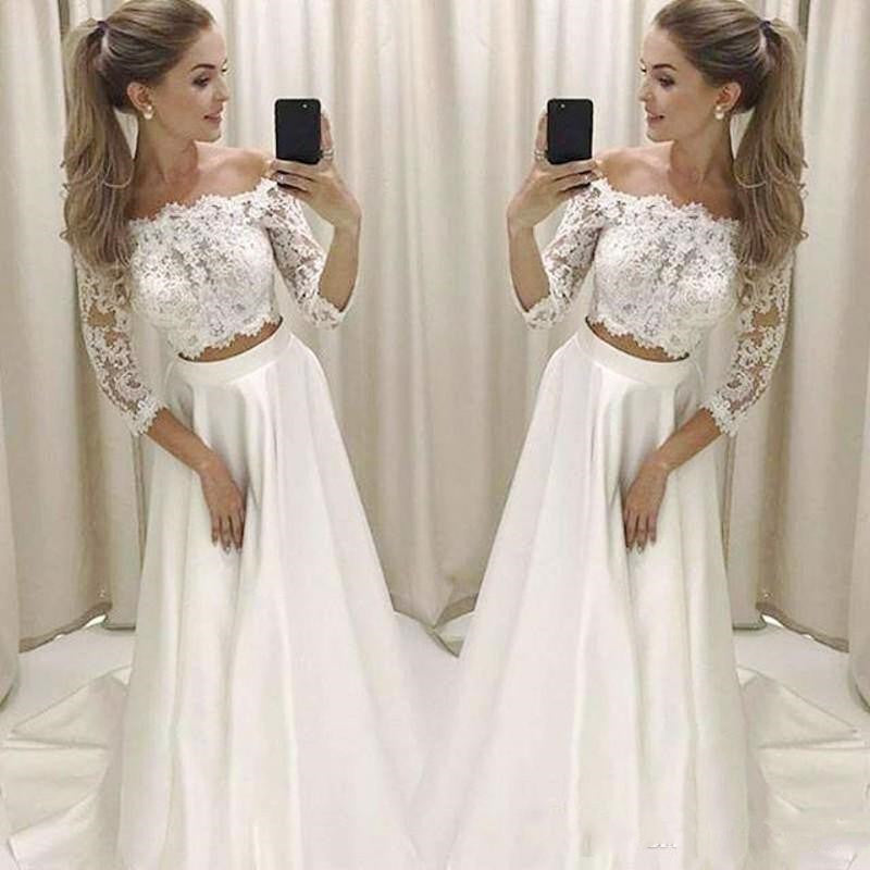 Modern Off the Shoulder Long Sleeve Crop Top Wedding Dress