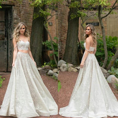 Modern Trendy Spaghetti Strapes Crop Top Wedding Dress,A-line Affordable lace Bridal Separates,20082672-Dolly Gown
