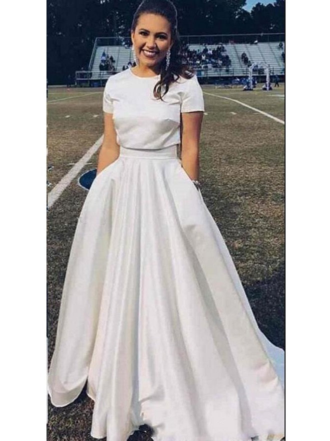 Modest Short Sleeves Two Piece Bridal Separates Crop Top Wedding Dress with Pockets 20082678-Dolly Gown