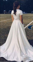 Modest Short Sleeves Two Piece Bridal Separates Crop Top Wedding Dress with Pockets 20082678-Dolly Gown