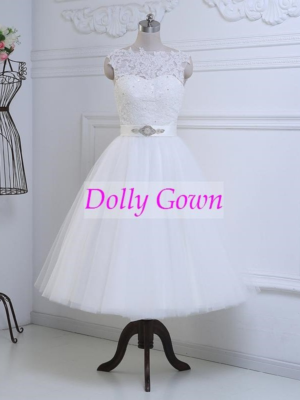 Modest Short Tea Length Lace Wedding Dress with Tulle Bottom Romantic 50s Wedding Dress DO002-Dolly Gown