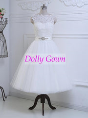 Modest Short Tea Length Lace Wedding Dress with Tulle Bottom Romantic 50s Wedding Dress DO002-Dolly Gown