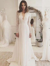 Modest Chiffon Long Lace Sleeve A-line Beach Wedding Dress Reception Dress GDC1102-Dolly Gown