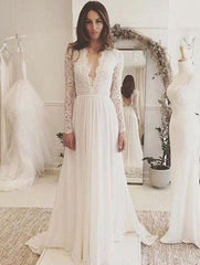 Modest Chiffon Long Lace Sleeve A-line Beach Wedding Dress Reception Dress GDC1102-Dolly Gown