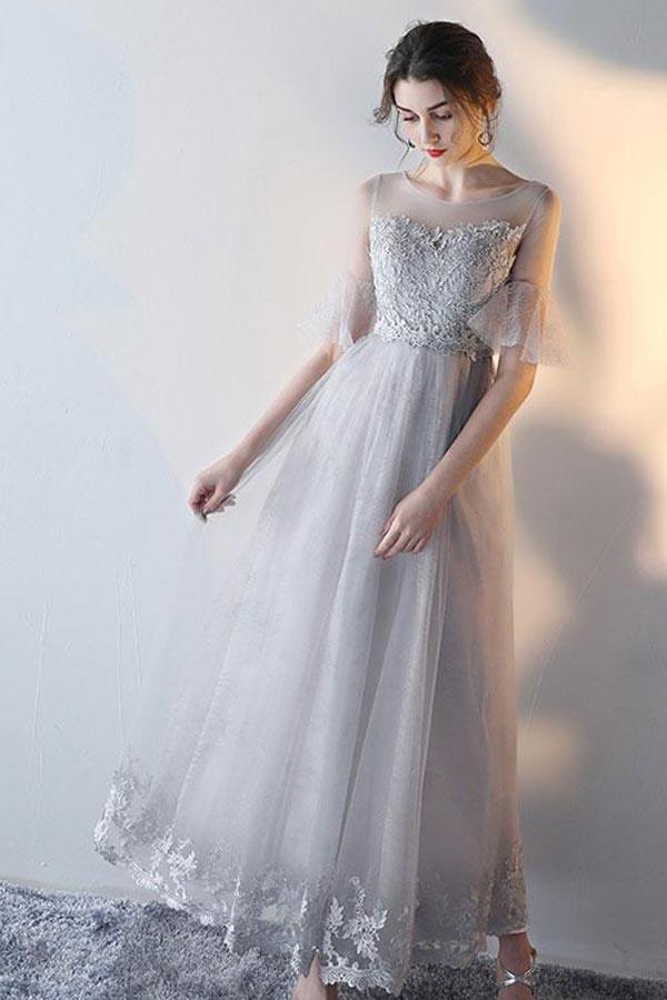 Modest Flowy Tulle Gray Romantic Prom Dress with Lace Top GDC1229