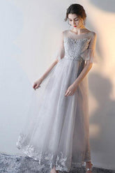 Modest Flowy Tulle Gray Romantic Prom Dress with Lace Top GDC1229-Dolly Gown