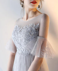 Modest Flowy Tulle Gray Romantic Prom Dress with Lace Top GDC1229-Dolly Gown