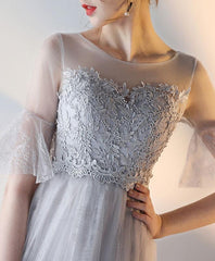 Modest Flowy Tulle Gray Romantic Prom Dress with Lace Top GDC1229-Dolly Gown
