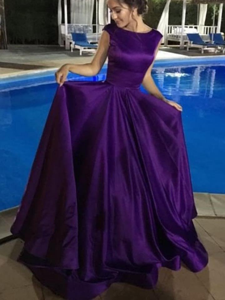 Modest Vintage Style Bateau Neck Long Purple Prom Dress Ball Gown Prom Dress 20171204-Dolly Gown