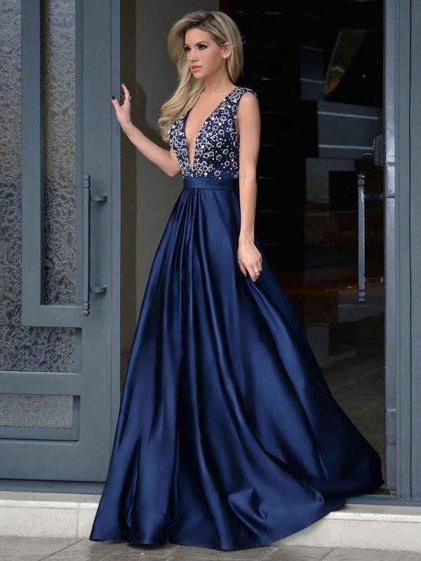 Popular Navy Blue Plunge V neck Prom Dress Formal Wear