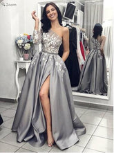 Most Popular One Shoulder Sleeves Slit Floral Lace Grey Formal Prom Dress with Pockets ,GDC1105-Dolly Gown