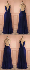 Navy Blue Flowy Tulle Long Plunge V neck Prom Dress Senior Graduation Formal Wear,GDC1171-Dolly Gown
