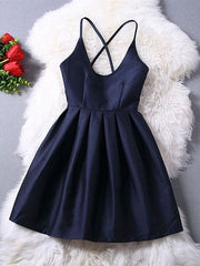 Navy Blue Scoop Neck Cross Straps Semi Formal Dress Short Prom Dress GDC1290-Dolly Gown