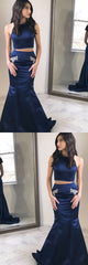 Navy Blue Two Piece Mermaid Halter Graduation Sweet 16 Prom Dress,GDC1238-Dolly Gown