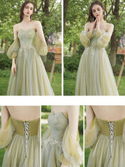 Casual Sage Green Off The Shoulder Tulle Boho Prom Dress - DOllyGown
