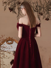 Classy Off The Shoulder Burgundy Velvet Prom Dress - DollyGown
