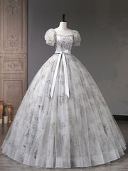 Silver Grey Square Neck Lace Ball Gown Quinceanera Dress with Short Sleeves - DollyGown