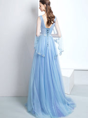 Sky Blue V Neck A-line Long Prom Dress with Long Sleeves - DollyGown