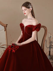 Delicate Maroon Velvet Off The Shoulder Prom Dress Grauduation Dress - DollyGown