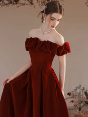 Simple Off The Shoulder Burgundy Velvet Prom Dress Formal Dress - DollyGown