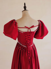 Red Drop Waist Satin Long Prom Dress with Bubble Sleeves - DollyGown