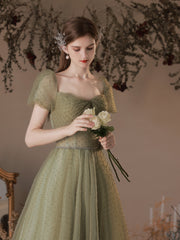 Sage Green Tulle Long Square Neck Illusion Prom Dress - DollyGown