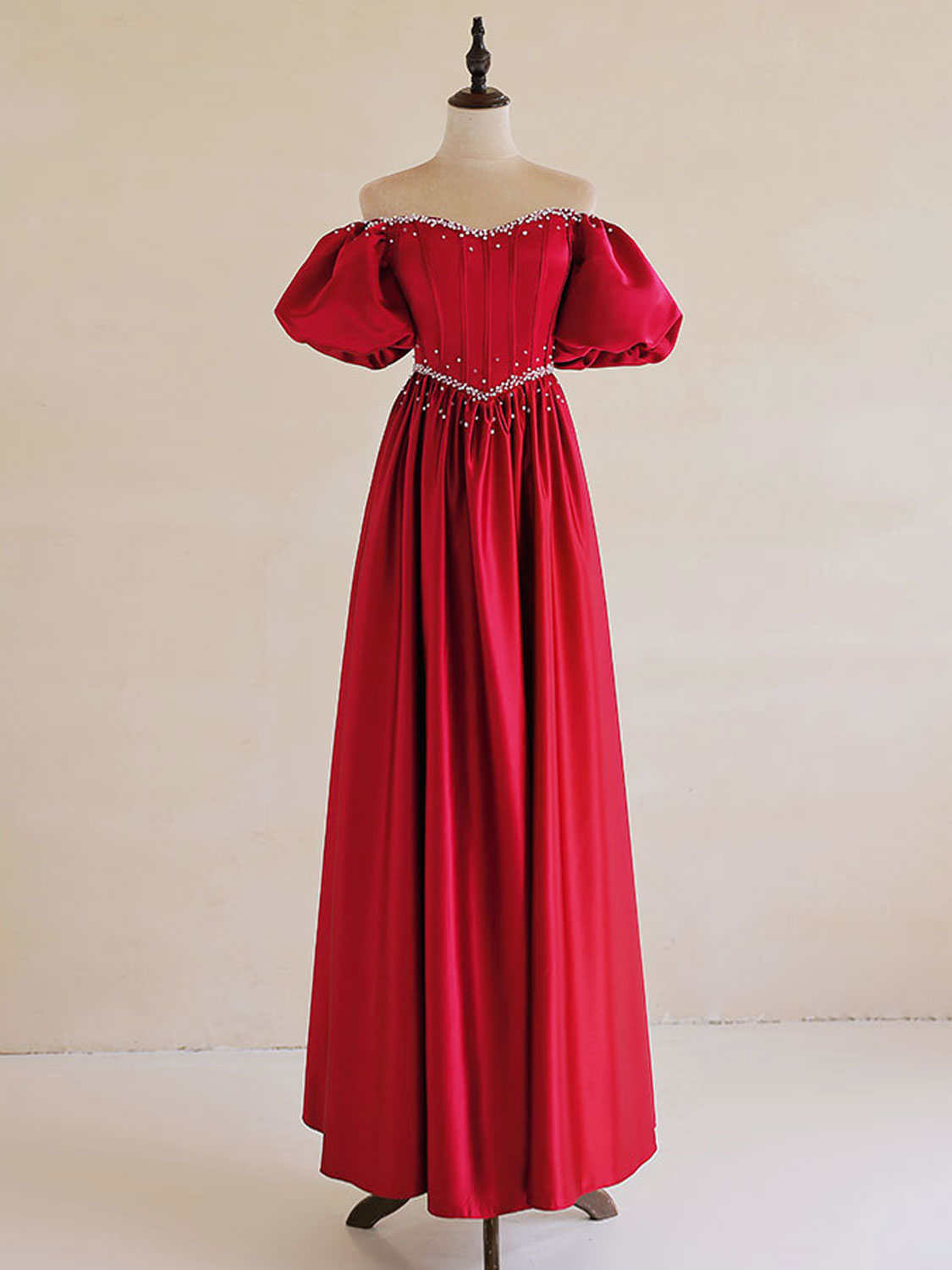 Red Drop Waist Satin Long Prom Dress with Bubble Sleeves Red Drop Waist Satin Long Prom Dress with Bubble Sleeves