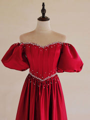 Red Drop Waist Satin Long Prom Dress with Bubble Sleeves - DollyGown