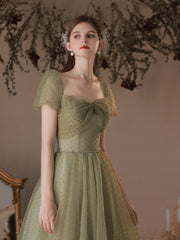 Sage Green Tulle Long Square Neck Illusion Prom Dress - DollyGown