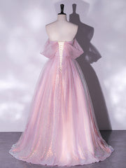 Sweet Off The Shoulder A-Line Pink Prom Dress - DollyGown