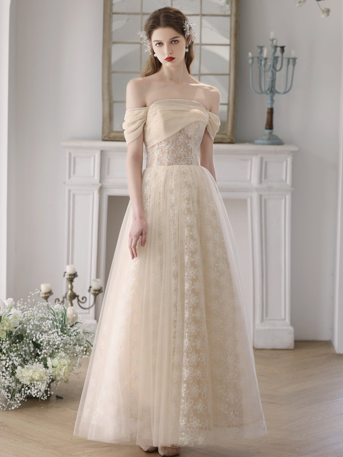 Champagne Off The Shoulder Lace See Through Prom Dress Occasion Dress Champagne Off The Shoulder Lace See Through Prom Dress Occasion Dress