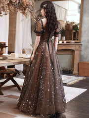 Black Square Neck A-line Long Prom Dress Formal Dress with Short Sleeves - DollyGown