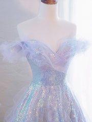 Lilac Off The Shoulder Sequins Ruffle Tulle Boho Prom Dress - DollyGown