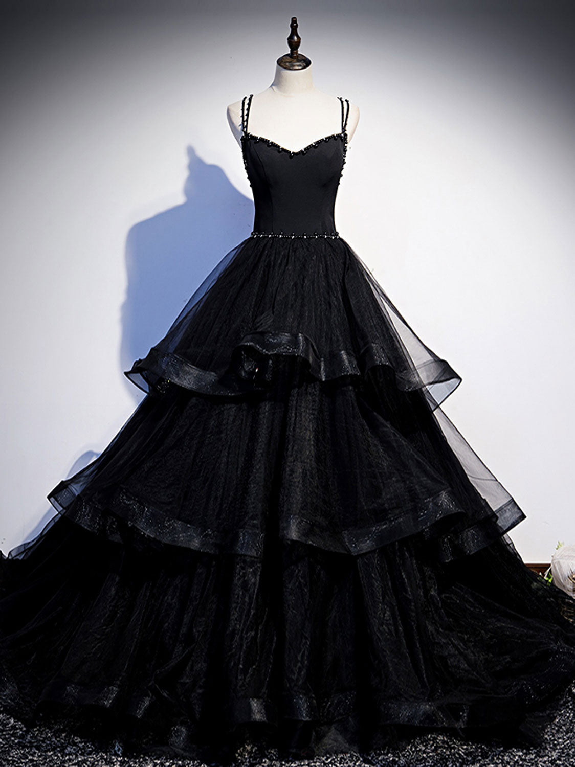 Black Spaghetti Strap Tiered Prom Dress Formal Dress - DollyGown