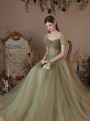 Sage Green Tulle Long Square Neck Illusion Prom Dress - DollyGown