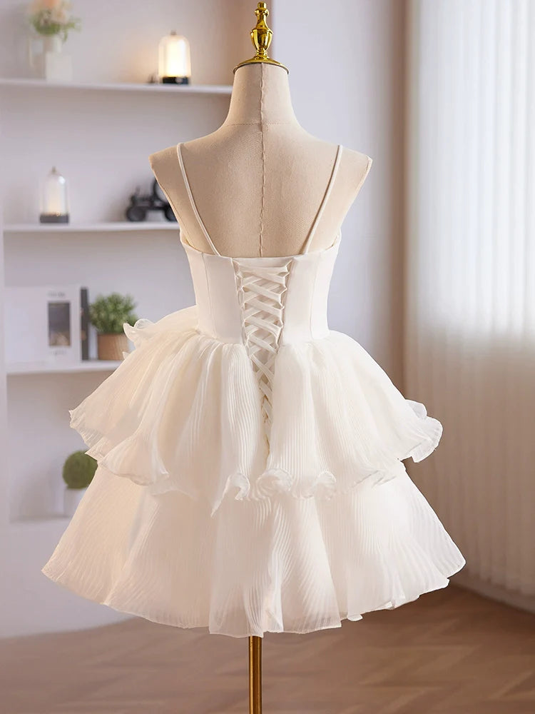Adorable Spaghetti Strap Organza Tiered Short White Homecoming Dress Formal Dress - DollyGown