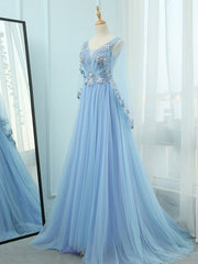 Sky Blue V Neck A-line Long Prom Dress with Long Sleeves - DollyGown