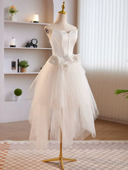 Strapless High Low White Homecoming Dress Trimmed with Flowers - DollyGown